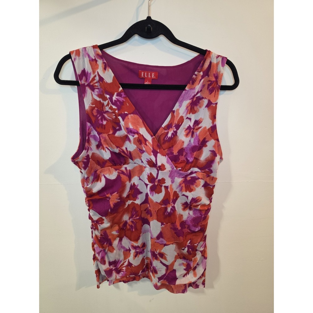 ELLE Floral Sleeveless Blouse Size L Pink Orange Surplice V-Neck Draped Waist